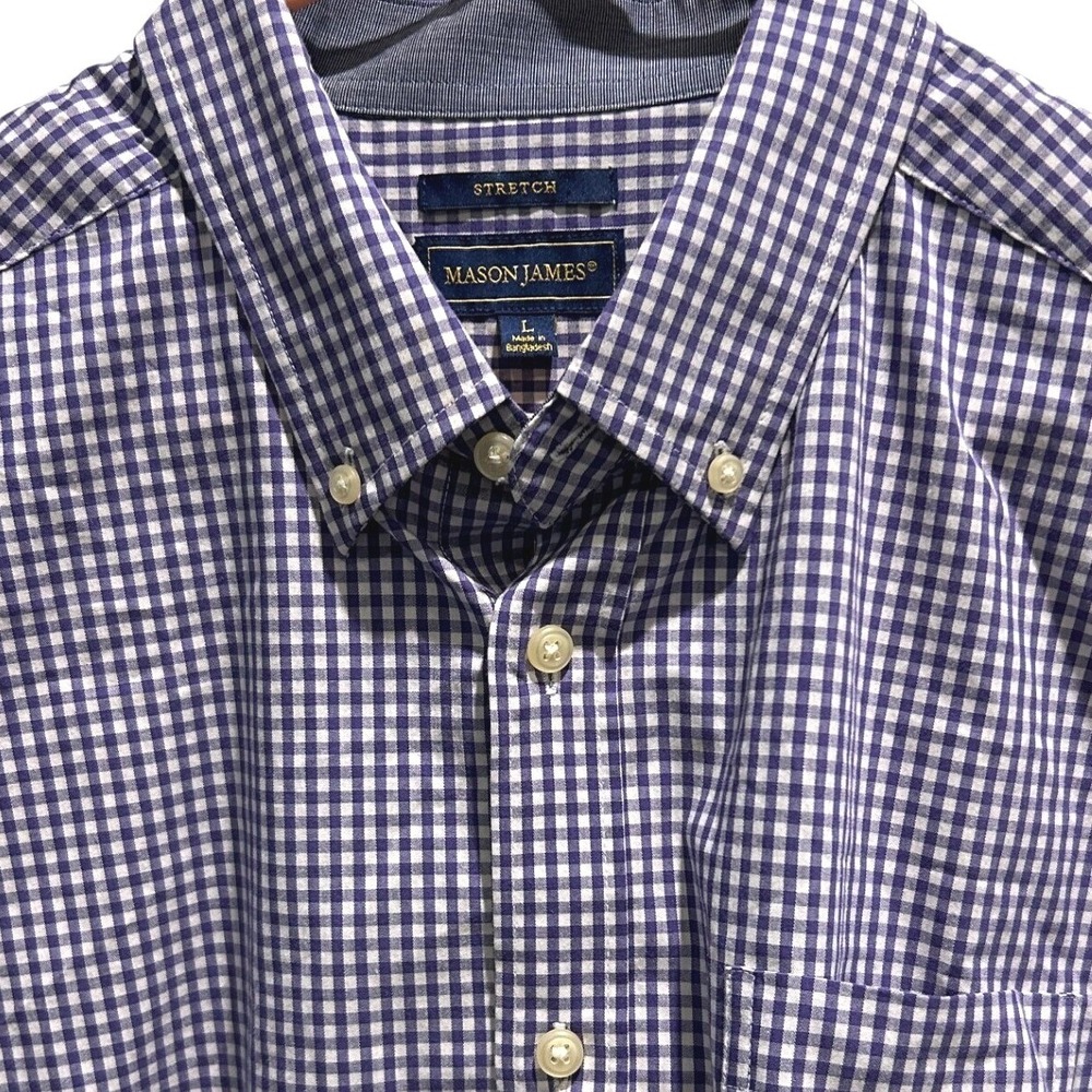 Mason James Button Down Shirt Large Mens Navy Blue Gingham Short Sleeve Stretch
